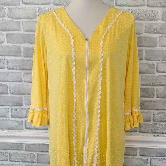 Vintage Riviera Robes Sleepwear Yellow Polkadot Zip Up Ruffles Long Length - Picture 2 of 7